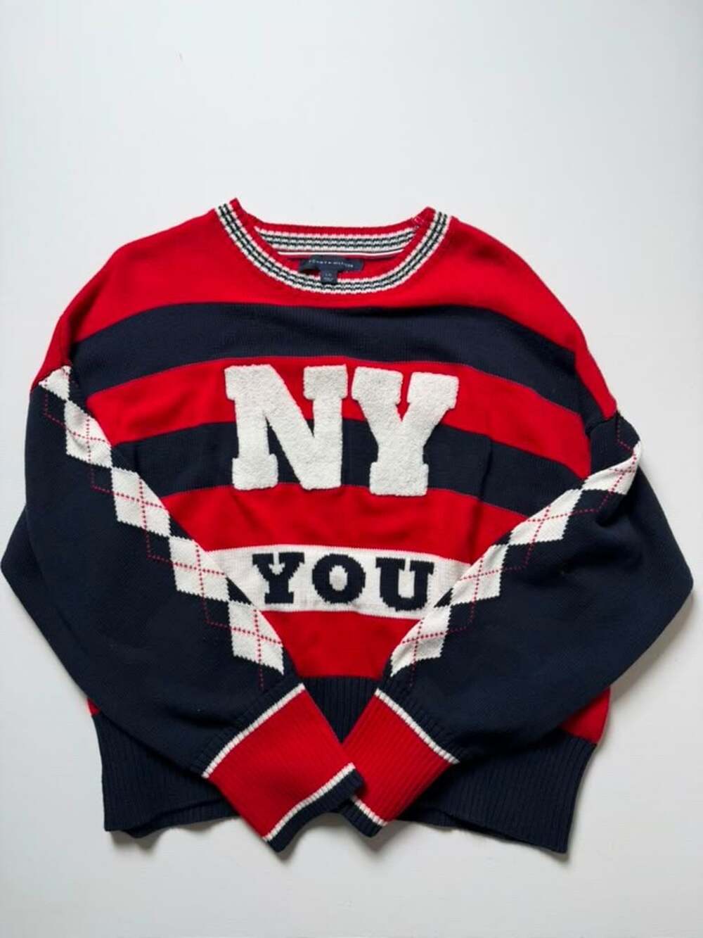 Tommy Hilfiger NY YOU Striped Argyle College Varsity Vibe Knit Pullover Sweater